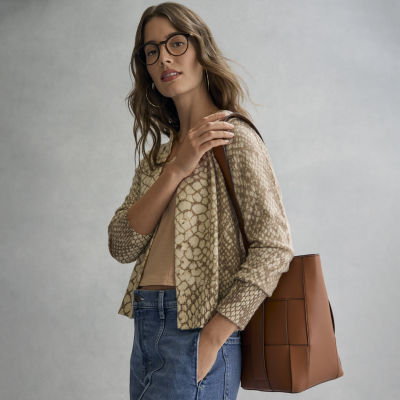 a.n.a Womens Crew Neck Long Sleeve Button Animal Cardigan