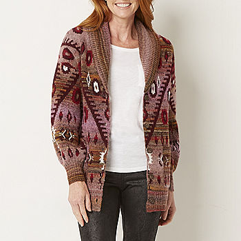 Frye and Co. Womens Long Sleeve Button Cardigan, Color: Purple Raindrops -  JCPenney