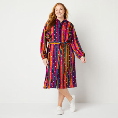 Long Sleeve Belted Striped Midi Shirt Dress Plus