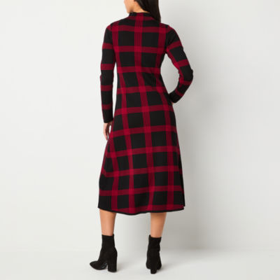 Danny & Nicole Womens Long Sleeve Windowpane Midi Sweater Dress