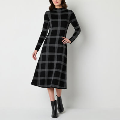 Danny & Nicole Womens Long Sleeve Windowpane Midi Sweater Dress