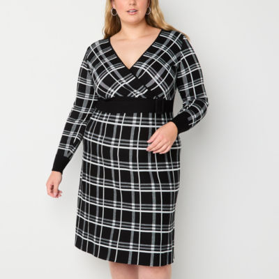 Robbie Bee Womens Long Sleeve Plaid Midi Sweater Dress Plus