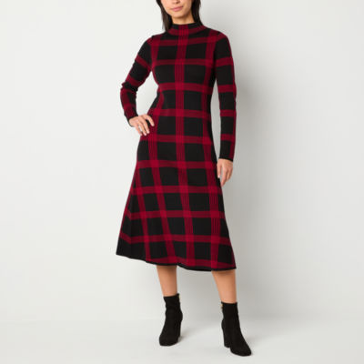 Danny & Nicole Womens Long Sleeve Windowpane Midi Sweater Dress Petite