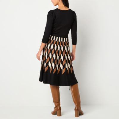 Danny & Nicole Womens 3/4 Sleeve Belted Geometric Sweater Dress Petite