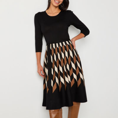 Danny & Nicole Womens 3/4 Sleeve Belted Geometric Sweater Dress Petite