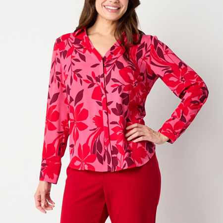 Liz Claiborne Womens Long Sleeve Regular Fit Button-Down Shirt, Medium, Red