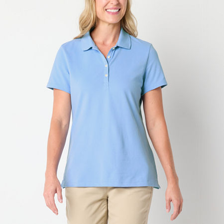 St. John's Bay Womens Short Sleeve Polo Shirt, Petite Medium, Blue