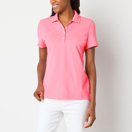 St. John's Bay Womens Short Sleeve Polo Shirt, Petite Medium, Pink