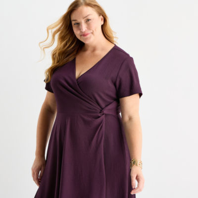 Perceptions Womens Plus Short Sleeve Midi Fit + Flare Dress, Color