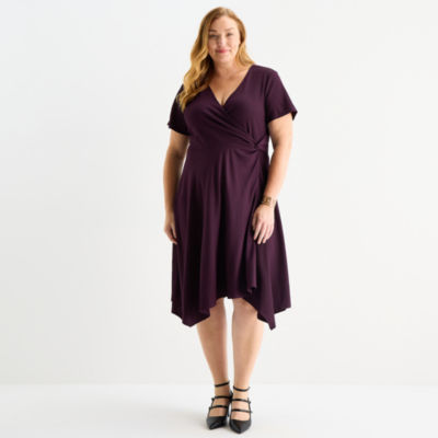 Perceptions Womens Plus Short Sleeve Midi Fit + Flare Dress, Color