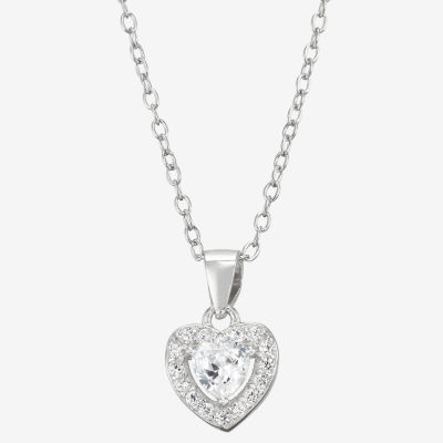 Girls White Cubic Zirconia Sterling Silver Heart 15 Inch Pendant Necklace
