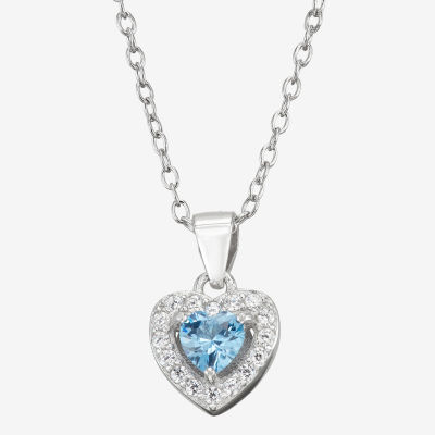 Girls Blue Cubic Zirconia Sterling Silver Heart 15 Inch Pendant Necklace