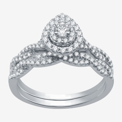 Signature By Modern Bride (H-I / I1) Womens 5/8 CT. T.W. Lab Grown White Diamond 10K White Gold Pear Side Stone Halo Bridal Set