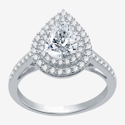 Signature By Modern Bride (H-I / I1) Womens 1 1/ CT. T.W. Lab Grown White Diamond 10K Gold Pear Side Stone Halo Engagement Ring