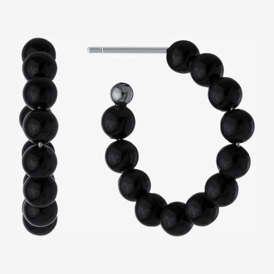 Silver Treasures Womens Black Chalcedony Sterling Silver 24.8mm Hoop Earrings