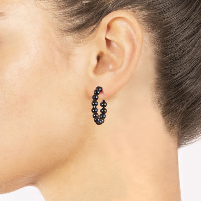 Silver Treasures Womens Black Chalcedony Sterling Silver 24.8mm Hoop Earrings