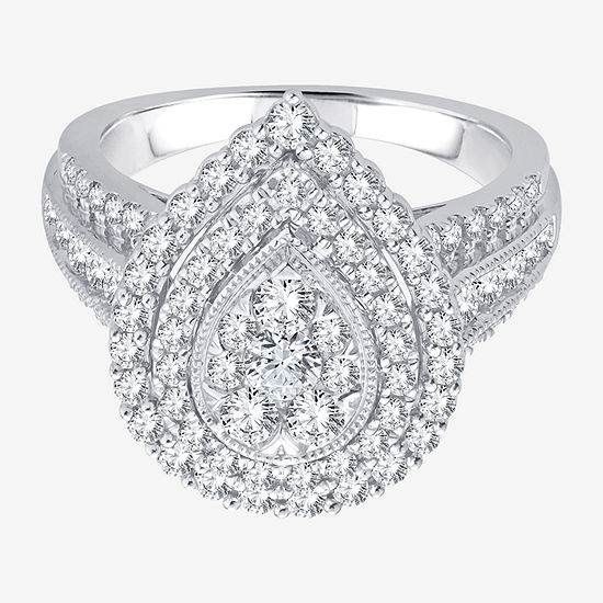 Womens 1 1/2 CT. T.W. White Diamond 10K White Gold Pear Side Stone Halo Bridal Set