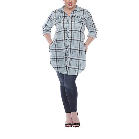 White Mark Plus Womens Long Sleeve Loose Fit Button-Down Shirt