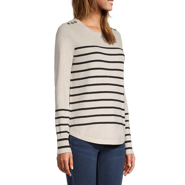 Liz Claiborne Womens Crew Neck Long Sleeve Striped Pullover Sweater