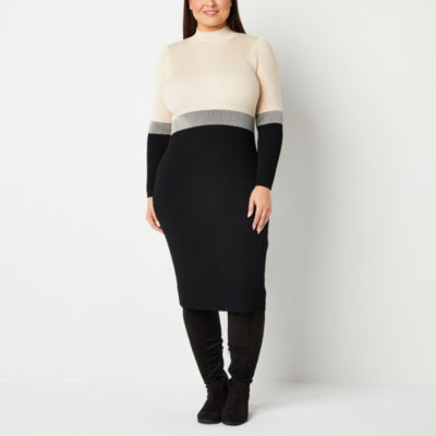 Melonie T Plus Long Sleeve Midi Rib Knit Sweater Dress