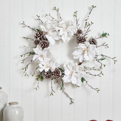 24" Snowed Magnolia / Pine Cone Wreath