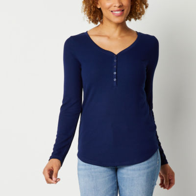 A.n.a Womens Ribbed Henley Neck Long Sleeve T-Shirt