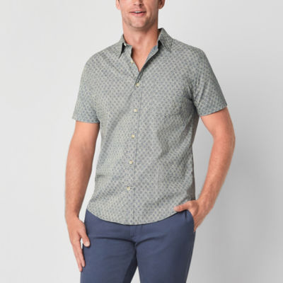 mutual weave Poplin Mens Regular Fit Short Sleeve Diamond Button-Down Shirt