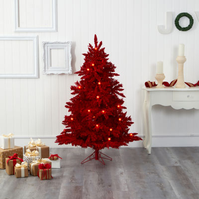 Nearly Natural Red Flocked Fraser Faux 5 Foot Pre-Lit Fir Christmas Tree