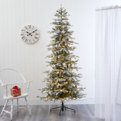 Nearly Natural Slim Flocked 7 1/2 Foot Pre-Lit Spruce Christmas Tree