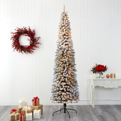 Nearly Natural Flocked Pencil Faux 9 Foot Pre-Lit Christmas Tree