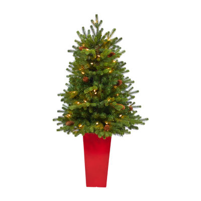 Nearly Natural Prein Red Planter 3 1/2 Foot Pre-Lit Fir Christmas Tree