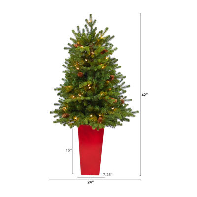 Nearly Natural Prein Red Planter 3 1/2 Foot Pre-Lit Fir Christmas Tree