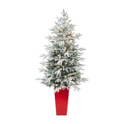 Nearly Natural Flocked In Planter 5 Foot Pre-Lit Spruce Christmas Tree