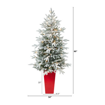 Nearly Natural Flocked In Planter 5 Foot Pre-Lit Spruce Christmas Tree