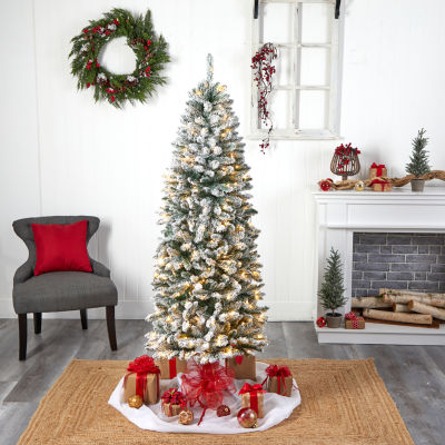 Nearly Natural Slim Flocked Faux 6 Foot Pre-Lit Fir Christmas Tree