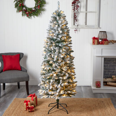 Nearly Natural Slim Flocked Faux 6 Foot Pre-Lit Fir Christmas Tree