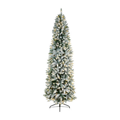 Nearly Natural Slim Flocked Faux 8 Foot Pre-Lit Fir Christmas Tree