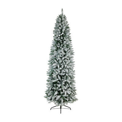 Nearly Natural Slim Flocked Faux 8 Foot Pre-Lit Fir Christmas Tree