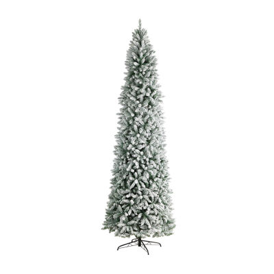 Nearly Natural Slim Flocked Faux 10 Foot Pre-Lit Fir Christmas Tree