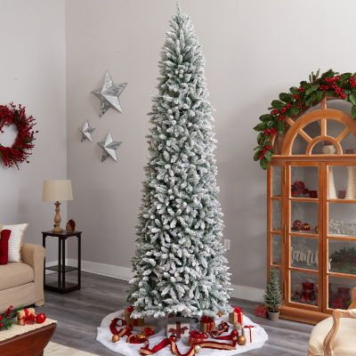 Nearly Natural Slim Flocked Faux 10 Foot Pre-Lit Fir Christmas Tree