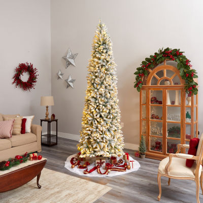 Nearly Natural Slim Flocked Faux 10 Foot Pre-Lit Fir Christmas Tree