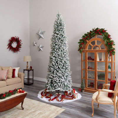 Nearly Natural Slim Flocked Faux 10 Foot Pre-Lit Fir Christmas Tree