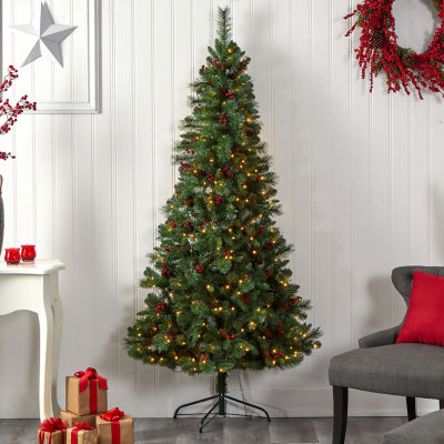 Nearly Natural Flat Back Faux 7 Foot Pre-Lit Pine Christmas Tree