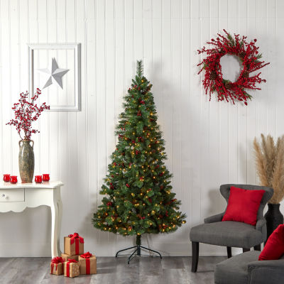 Nearly Natural Flat Back Faux 7 Foot Pre-Lit Pine Christmas Tree