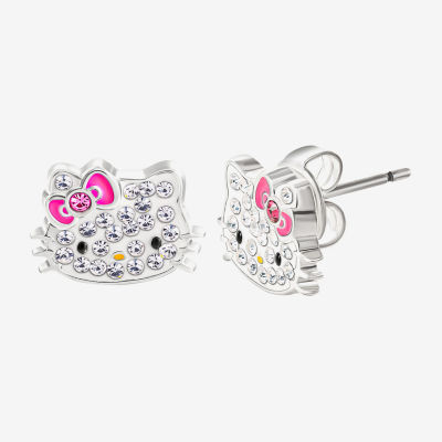 Crystal Pure Silver Over Brass 8.6mm Bow Hello Kitty Stud Earrings