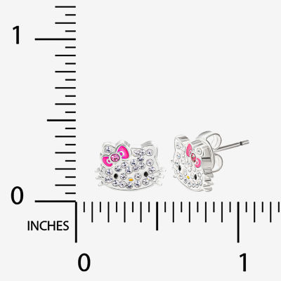 Crystal Pure Silver Over Brass 8.6mm Bow Hello Kitty Stud Earrings