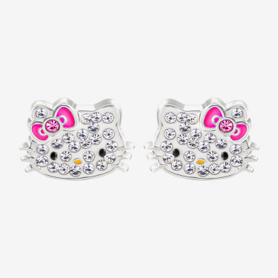 Crystal Pure Silver Over Brass 8.6mm Bow Hello Kitty Stud Earrings