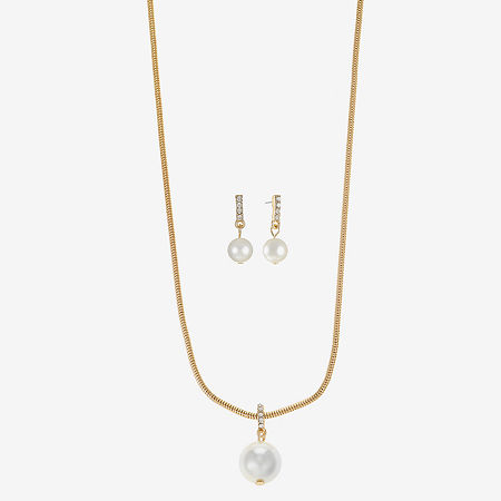 Liz Claiborne Gold Tone Pendant Necklace And Drop Earring 2-pc. Simulated Pearl Round Jewelry Set, One Size, White