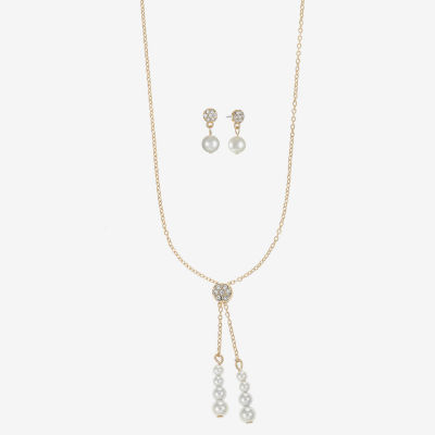 Liz Claiborne Gold Tone Y Necklace And Drop Earring Womens White Simulated Pearl Round Hypoallergenic 2-pc. Jewelry Set