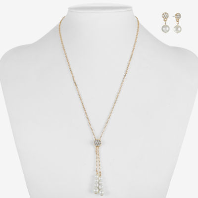 Liz Claiborne Gold Tone Y Necklace And Drop Earring 2-pc. Simulated Pearl Round Jewelry Set